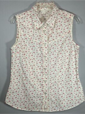 Levi's Red Tab Sleeveless Shirt Women's Large Cream w/ Pink Flowers Pearl Snap